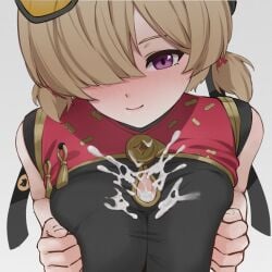 after_paizuri bare_arms bare_shoulders blush breasts breasts_squeezed_together brown_hair commentary cum cum_on_body cum_on_breasts cum_on_clothes female gradient_background grey_background hair_over_one_eye highres large_breasts looking_at_viewer low_twintails mer_lynn one_eye_covered purple_eyes short_twintails simple_background solo sweety_(zenless_zone_zero) tassel twintails upper_body zenless_zone_zero