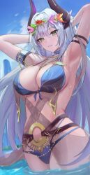 alternate_costume armpits arms_above_head arms_up beach_background big_breasts bikini gray_hair horns nola_(tower_of_fantasy) smile tower_of_fantasy two_piece_swimsuit yamepi89