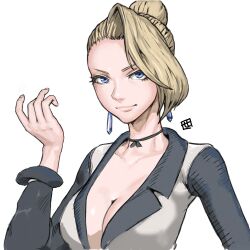 big_breasts big_breasts blonde_hair blue_eyes cleavage dress earrings female female hair_bun king_of_fighters light_skin long_hair long_sleeves looking_at_viewer mature_(kof) open_clothes tied_hair