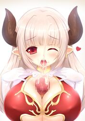 1boy alicia_(granblue_fantasy) blush breasts censored cleavage cow_girl cow_horns cum dress earrings ejaculation ejaculation_between_breasts elbow_gloves female gloves gradient_background granblue_fantasy horns huge_breasts kane-neko long_hair looking_at_viewer open_mouth paizuri penis pointy_ears projectile_cum red_eyes silver_hair simple_background solo_focus straight tongue underboob white_gloves wince