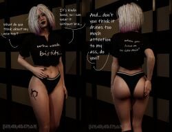 3d comic dbd dead_by_daylight dialogue lunarademon panties sable_ward showing_ass smile tattoo top