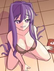 1female 1girls bare_shoulders big_breasts book bra breasts cleavage doki_doki_literature_club long_hair moritaris purple_eyes purple_hair yuri_(doki_doki_literature_club)