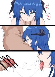 1boy 1girls :>= after_fellatio arknights artist_request black_horns blue_eyes blue_hair censored completely_nude cum cum_in_mouth deepthroat demon_girl demon_horns fellatio female from_side hair_between_eyes half-closed_eyes heart highres horns irrumatio long_hair looking_down mostima_(arknights) multiple_views nude open_mouth oral penis precum saliva saliva_trail shiny_skin simple_background speech_bubble spoken_heart straight tongue tongue_out trembling white_background