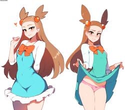 1girls ai_generated anemoi brown_hair dress female female_only jasmine_(pokemon) long_hair pokemon skirt_lift tagme