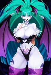 ai_generated claws cleavage dark_persona darkstalkers elbow_gloves enemy_conversion female huge_ass huge_breasts lips midriff morrigan_aensland navel pale-skinned_female pale_skin smile sports_shorts succubus succubus_tattoo tagme thedivergence1997 thick_thighs thong wide_hips