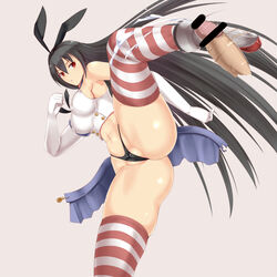 ass bar_censor bare_arms bare_shoulders barrel black_hair breasts censored cum drum female g-string grey_background instrument kantai_collection kicking large_breasts long_hair nagato_(kantai_collection) navel panties penis red_eyes rokushiru_(muzai-p) shimakaze_(kantai_collection)_(cosplay) simple_background skirt skirt_removed solo striped striped_legwear thong underwear very_long_hair