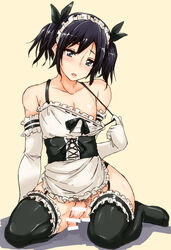 1boy absurdres areola_slip areolae balls bar_censor black_bow black_hair black_legwear black_ribbon blush bow censored chizuru_(chizucoman) crossdressing detached_sleeves femboy grey_eyes hairbow highres kneeling looking_at_viewer maid maid_headdress male male_pubic_hair no_bra no_panties open_mouth original penis pubic_hair ribbon simple_background solo strap_pull testicles thighhighs