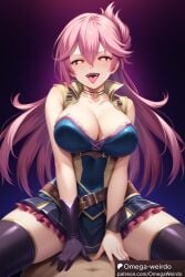 ai_generated big_breasts choker corrupted corruption dress evil_smile gloves glowing_eyes obeying omega-weirdo open_mouth pink_hair ponytail red_eyes sara_valestein skirt straddling thighs tongue_out trails_of_cold_steel