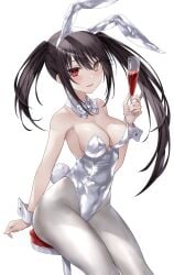 2d 2d_(artwork) asle black_hair breasts bunnysuit chair date_a_live female female_only heterochromia light-skinned_female pantyhose red_eyes sitting solo solo_female thighs tokisaki_kurumi twintails variant_set white_bunnysuit wine_glass