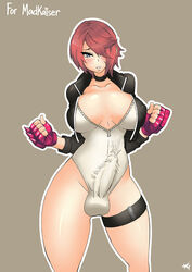 1futa big_breasts blue_eyes blush breasts bulge choker cleavage dickgirl erection_under_clothes futa_only futanari intersex knightgawain large_penis looking_at_viewer penis penis_under_clothes red_hair short_hair solo standing uncensored