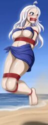 1girls arms_behind_back barefoot beach bikini blush bondage bound_legs commentary_request escape fairy_tail femsub gag hopping jumping kodansha long_hair mirajane_strauss pointy_breasts pointy_nipples sex_slave slave tape_gag tsinji white_hair