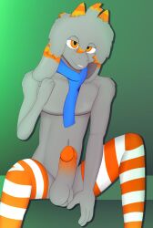 anthro balls big_penis blue_scarf bovid caprine clothing floppy_ears fur genitals glans goat grey_body grey_fur gusta gusta_(gusta) hair hi_res horn humanoid_genitalia humanoid_penis legwear male mammal mostly_nude orange_clothing orange_eyes orange_glans orange_horn orange_legwear orange_thigh_highs pattern_clothing pattern_legwear pattern_thigh_highs penis scarf solo striped_clothing striped_legwear striped_thigh_highs stripes thigh_highs