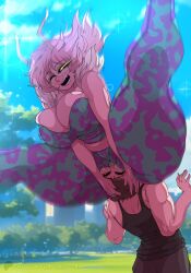 1boy 1girls 2024 aged_up boku_no_hero_academia clothed clothed_female clothing facesitting female hero_outfit_(mha) hi_res highres huge_ass humanoid male mina_ashido my_hero_academia okioppai outdoors outside pink_body pink_hair pink_skin post-timeskip thick_thighs