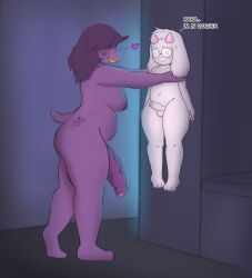 absurd_res anthro big_breasts big_penis black_nails blush breasts cappuchino colored_nails deltarune duo embarrassed female genitals gynomorph hair hi_res horn intersex intersex/male long_hair male nails on_wall paws penis penis_size_difference pink_horn pressed_against purple_body purple_hair ralsei reptile scalie size_difference slightly_chubby smile smirk susie_(deltarune) tail undertale_(series)