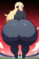 ai_generated big_ass blonde_hair blush cynthia_(pokemon) giantess gigantamax gigantic_ass gigantic_butt goldencum34 pokemon tight_pants wide_hips