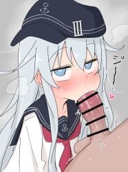 1boy ame_(amechan17391739) blue_eyes blush fellatio female grey_background hibiki_(kantai_collection) highres kantai_collection looking_at_viewer male male/female oral penis school_uniform serafuku sidelocks simple_background steam steaming_body straight white_hair