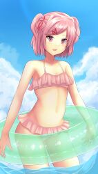 anime_style armpit breasts clouds cowboy_shot doki_doki_literature_club elforein fang female female_only flat_chest frilled_bikini frilled_bikini_bottom frilled_bikini_top green_innertube hair_intakes hair_ribbon holding_innertube holding_with_two_hands innertube light-skinned_female light_blush light_skin natsuki_(doki_doki_literature_club) open_mouth partially_submerged petite pink_bikini pink_bikini_bottom pink_bikini_top pink_eyes pink_hair red_hair_ornament red_ribbon sea short_hair skin_fang sky solo swept_bangs swim_ring thin_arms two_side_up water x_hair_ornament