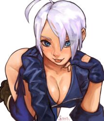 angel_(kof) bending_forward bent_forward big_ass big_breasts big_butt blue_eyes boots cute female female gloves jacket king_of_fighters light-skinned_female short_hair tongue white_hair