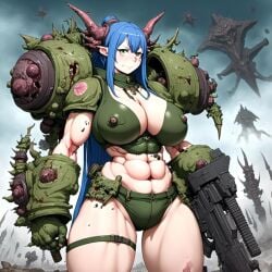 ai_generated armored_female blue_hair chaos_(warhammer) chaos_space_marine female_space_marine green_bra monster_girl multiple_girls muscular nurgle plague_marine rule_63 warhammer_(franchise) warhammer_40k