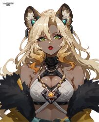 ai_generated animal_ears blonde_hair cleavage dark-skinned_female dark_skin female fur_coat genshin_impact green_eyes jean_shorts makeup minokai necklace revealing_clothes xilonen_(genshin_impact)