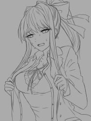 1female 1girl 1girls black_and_white breasts doki_doki_literature_club koda_(pixiv_user_id_87182653) monika_(doki_doki_literature_club) nervous not_porn pointy_chin sad safe safe_for_work sfw sweat tagme