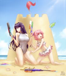 2girls breasts commission commission_art doki_doki_literature_club female female_only flag human long_hair multiple_girls natsuki_(doki_doki_literature_club) navel pink_eyes pink_hair purple_eyes purple_hair sand sand_castle sandcastle swimsuit teruartbox water_balloon water_gun watergun yuri_(doki_doki_literature_club)