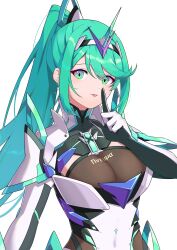 1girls core_crystal green_eyes green_hair hehe_jun highres large_breasts nintendo pneuma_(xenoblade) ponytail solo xenoblade_(series) xenoblade_chronicles_2