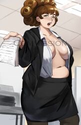 1girls bangs black_skirt breasts brown_hair cleavage commission covered_nipples female female_only green_eyes hair_up holding_object indoors large_breasts looking_at_viewer mature_female midriff navel no_bra office office_lady open_clothes open_jacket open_mouth open_shirt original pantyhose paper pencil_skirt plump puzzled_artist shirt skirt solo solo_female stomach unbuttoned watermark