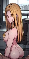 1boy 1girls ai_generated anal anal_sex blonde_hair ceremon_vaughan female hero_killer male male_penetrating_female necklace penetration reverse_cowgirl_position sex victoria_(hero_killer) webtoon yellow_eyes