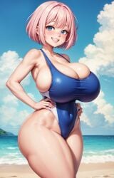 1girls ai_generated barely_contained_breasts beach big_breasts blue_eyes blush breasts bursting_breasts cleavage cleavage_overflow covered_navel fat_ass female female_only grin hands_on_hips huge_breasts human large_breasts large_thighs looking_at_viewer ocean one-piece_swimsuit opal_(tampopo) pink_hair self_upload short_hair sideboob skindentation sky solo solo_female stable_diffusion standing swimsuit tampopo thick_thighs wide_hips