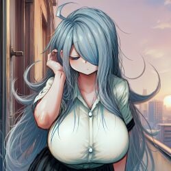 1girls adjusting_hair ai_generated baby_blue_hair balcony bent_forward big_breasts black_skirt blue_eyes blue_hair breasts button_shirt buttoned_shirt city city_background cityscape cleavage closed_eyes eyes_closed female_focus front_view grey_hair hair_over_eye hair_over_one_eye hi_res highres huge_breasts imminent_kiss inner_hair large_breasts light_blue_hair limited_palette lips long_hair long_skirt mei_(2b213) messy_hair pleated_skirt porch purple_eyes self_upload sepia short_sleeves shy skirt small_but_busty solo solo_focus upper_body white_shirt