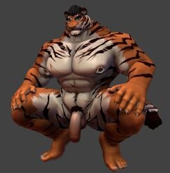 3d_(artwork) abs anthro balls crouching digital_media_(artwork) felid flaccid fur genitals hi_res male mammal muscular muscular_anthro muscular_male nipple_piercing nipples nude oaks16 orange_body orange_fur pantherine pecs penis piercing solo striped_body striped_fur stripes tiger