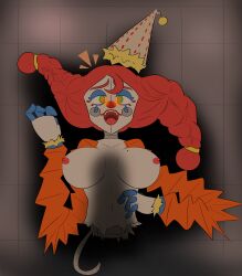 1girls beauty_mark beauty_mark_on_breasts breasts breasts_out clown clown_girl clown_makeup clown_nose five_nights_at_freddy's five_nights_at_freddy's:_secret_of_the_mimic glowing_eyes hat huge_breasts implied_sex jackie_(fnaf) laying_down laying_on_back laying_on_ground legless long_arms looking_at_viewer looking_up makeup mysaltisexposed nipples no_legs nude nude_female on_back on_ground open_mouth party_hat penis_shadow robot robot_girl robot_humanoid rule_63 short_hair suprised surprised the_mimic_(fnaf) twin_braids twintails