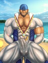 archie_(pokemon) balls bara beard bodysuit boner erection erection_under_clothes facial_hair hands_behind_back headkerchief male male_only muscles muscular nintendo penis pokemon pokemon_masters_ex solo solo_male spread_legs squatting sweat sweating team_aqua toto_(artist)