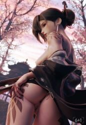 akeha ass female kimono looking_at_viewer looking_back nier_(series) nier_reincarnation nipples no_panties pussy sixplusone tattoo thighs tied_hair topless