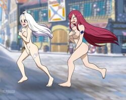 2girls absolutely_nothing_on barefoot big_breasts blush blushing breasts commission completely_naked completely_nude completely_nude_female covering covering_breasts covering_crotch covering_pussy covering_self embarrassed embarrassed_nude_female enf erza_scarlet exhibitionism fairy_tail feet female female_only floonasif full_body humiliation long_hair mirajane_strauss naked naked_female navel nude nude_female outdoor_nudity outdoors pale-skinned_female pale_skin public public_exposure public_humiliation public_nudity red_hair streaking tattoo thighs unintentional_exhibitionism white_hair