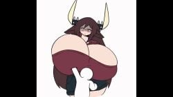 1boy 1girls animal_ears animated big_breasts bouncing_breasts breasts cow_ears cow_girl cow_horns cow_tail enormous_breasts female gigantic_breasts glasses hyper_breasts massive_breasts moomoo_(fiffer) red_dress sound sound_edit tagme video