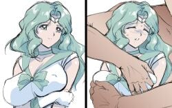 1boy 1girls 2020 2koma bishoujo_senshi_sailor_moon breast_grab breast_hold breast_squeeze choker circlet cleavage clenched_teeth closed_eyes clothed clothed_female_nude_male clothing comic female female_focus gloves grabbing_from_behind green_eyes green_hair highres jewelry large_breasts long_hair magical_girl male matching_hair/eyes michiru_kaiou molestation nipple_bulge nude partial_male rape sailor_neptune sakura_na_omiki shirt simple_background smile standing sweat teeth tight_clothing unseen_male_face white_background white_gloves white_shirt