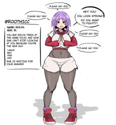 big_ass big_breasts big_butt big_thighs body_hair comic comic_page oc offering offering_sex offering_to_viewer original original_character pose purple_hair rolyn roothicc shorts text text_box text_bubble thong yellow_eyes