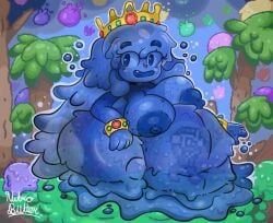 1boy 1girls big_belly big_breasts big_butt blue_hair blue_nipples blue_skin breasts crown female_pred genderswap_(mtf) huge_breasts huge_thighs hyper hyper_belly jewlery jewlery_only king_slime_(terraria) long_hair mysticemerald nipples nitrobutter nude open_mouth rule_63 see-through see-through_belly slime slime_girl terraria thick thick_thighs translucent vore vore_belly