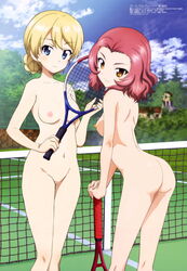 2girls all_gray_ue3 ass blonde_hair blue_eyes blush breasts darjeeling girls_und_panzer multiple_girls nipples nude red_eyes red_hair rosehip small_breasts