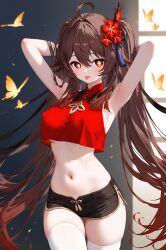 :p absurd_res ahoge ai_generated alternate_costume armpits arms_behind_head arms_up bangs bare_arms bare_shoulders black_shorts blush breasts covered_nipples cowboy_shot crop_top crop_top_overhang female flower-shaped_pupils genshin_impact hu_tao_(genshin_impact) looking_at_viewer midriff ministro nail_polish navel red_shirt shirt short_shorts shorts sidelocks sleeveles sleeveless_shirt solo standing star-shaped_pupils stomach symbol-shaped_pupils thighhighs thighs tongue tongue_out under_boob underboob white_thighhighs