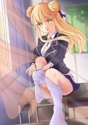 1girls 2d 2d_(artwork) ass blonde_hair clothing date_a_live female female_only hoshimiya_mukuro kuro1tanaka light-skinned_female long_hair pointy_chin school_uniform skirt_down socks solo solo_female thighs yellow_eyes