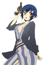 blue_hair breasts caryo cleavage clothing female firearm gun handgun human nanashino outerwear pale_skin persona persona_4 revolver shirogane_naoto weapon yukata