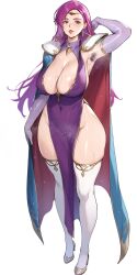 1girls ai_generated areola_slip areolae arm_behind_head armpit_hair armpits bare_thighs beauty_mark boots breasts brunnya_(fire_emblem) cape cleavage covered_navel covered_nipples curvy dress earrings elbow_gloves female female_only fire_emblem fire_emblem:_the_binding_blade full_body gloves high_heels hourglass_figure huge_breasts lips long_hair looking_at_viewer mature mature_female mole mole_on_armpit mole_on_breast mole_on_crotch mole_on_thigh musk nanabe_78 nintendo no_bra no_panties pelvic_curtain purple_eyes purple_hair red_lips red_lipstick shoulder_pads side_slit sideboob skindentation solo standing steaming_body steamy_armpits sweat sweaty thick_thighs thigh_boots thighs very_long_hair voluptuous white_background wide_hips