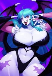 ai_generated claws cleavage corruption dark_persona darkstalkers elbow_gloves enemy_conversion female huge_ass huge_breasts leotard lips midriff morrigan_aensland navel pale-skinned_female pale_skin rock_of_succubus smile sports_shorts succubus tagme thedivergence1997 thick_thighs wide_hips