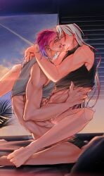 anal anal_sex blush btb_sb gay heartsteel_kayn heartsteel_series heartsteel_yone implied_penetration kayn league_of_legends looking_at_each_other male male_focus male_only muscular muscular_male penetration shirt shirt_lift tongue tongue_out yaoi yone