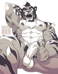 abs athletic balls beard catsudon erection facial_hair feline foreskin_play foreskin_pull furry looking_at_viewer male male_only mammal muscular muscular_male nipples pecs penis pose pubes solo stripes tiger uncut vein veiny_penis