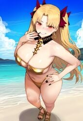 1-a_dot 1girls ai_generated ankles ass ass ass_focus back beack big_ass big_breasts big_butt bikini blonde_female blonde_hair blonde_hair blush blush blushing_at_viewer breasts breasts earrings ereshkigal_(fate) fate/grand_order fate_(series) feet female female female_focus female_only girl_only golden_bikini hair_ornament hair_ribbon huge_ass large_ass large_breasts long_hair looking_at_viewer painted_nails painted_toenails red_eyes sandals sea shoulders squatting thick_thighs thighs twintails