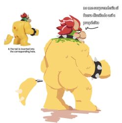 apolonoise ass big_butt blush bowser buttplug claws fangs green_body green_scales horn humor koopa looking_at_viewer male male_only mane mario_(series) muscular muscular_male nintendo overweight overweight_male plug_(sex_toy) red_mane scales scalie sex_toy sexual_humor shell snout solo tail teeth text toy translated turtle_shell yellow_body yellow_scales